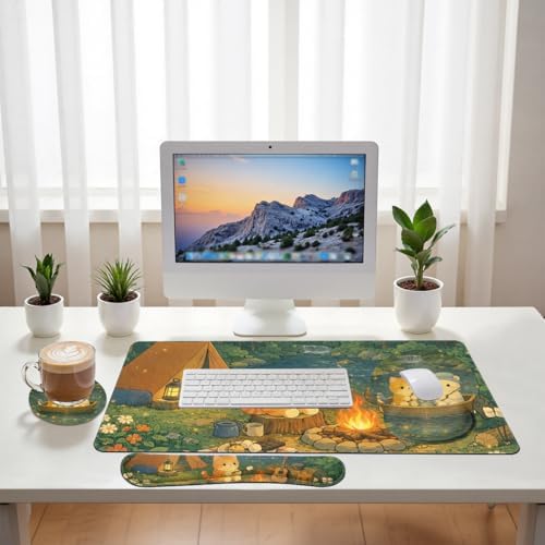 Cute Cat Desk Mat Set Cozy Camping Large Mouse Pad with Wrist Rest 4in1 Desk Mat for Desktop Ergonomic Computer Desk Arm Wrist Anti-Slip Computer Ergonomic Mouse Pad Home Office Gaming - Image 6