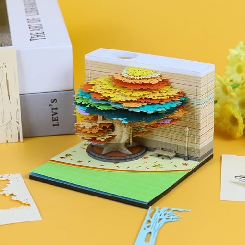 3D Memo Pad 240 Sheets Four Season Tree Notepad Cute Kawaii Sticky Note Pad 3D Paper Carving Art Craftwork Desk Decoration Pen Holder DIY Creative Gift,Autumn - Image 2
