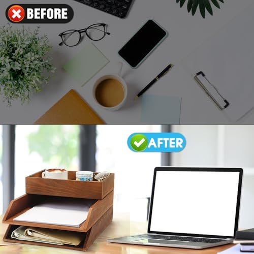 Beeveer 3 Pcs Wooden Letter Tray Stackable 3 Layer Paper Tray, Brown - Image 5