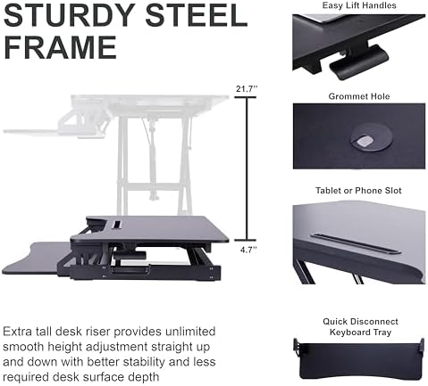 Rocelco 43" Height Adjustable Standing Desk Converter with Premium Dual Monitor Arm Mount - Tall Stand Up Tabletop Riser and Tablet Slot - Computer Workstation - Keyboard Tray - Black (R VADRB-43-MA2) - Image 2