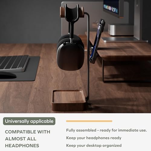 muso wood Walnut Headphone Stand, Wood Headset Stand with Storage Base - Image 3