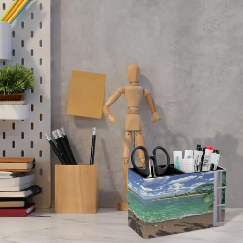 PU Leather Multi-Compartment Pen Holder Desktop Organizer Pencil Cup Storage Caddy for Office Home Supplies Wood Window Ocean Scenery Sand Sea Beach Theme - Image 6