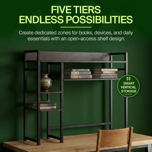 My-Cap 5-Tier MDF Book Shelf with Computer Desk Hutch, Space-Saving Over-Desk Storage Shelf for Coffee Accessories & nespresso Machine, Black - Image 2