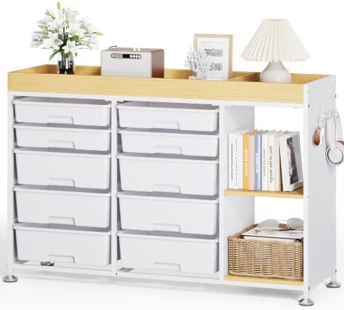 10 Drawer Storage Cabinet with Height-Adjustable Shelves & Wood Top, White by APEXCHASER