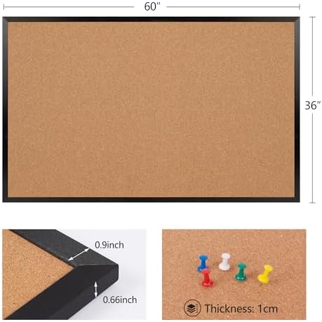 Extra Large Cork Bulletin Board 60" X 36", Black Wood Framed Corkboard for Wall, Wall Mounted Notice Pin Board with 18 Push Pins - Image 3