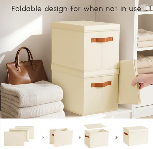 Homsorout Storage Bins with Lids - Large Fabric Closet Bins with Lid, 8 Pack Clothes Organizers and Storage, Collapsible Stackable Cube Basket for Home, Office, Dorm, Beige - Image 3