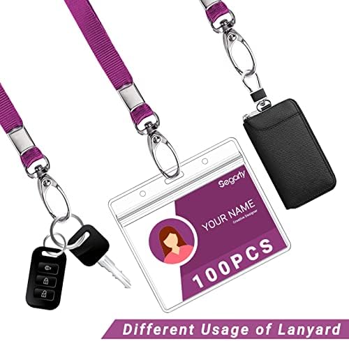 Segarty Lanyards with ID Holder, 100 Pack Horizontal Badge Clear Plastic Name Tags Neck Key Card Bulk, Purple Strap Clips Waterproof Ziplock Nametag Protector for Women, Business, Student, School - Image 3