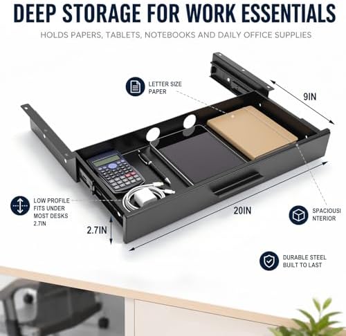Menkxi 20 x 9 in Under Desk Drawer,Slide out Storage Organizer Heavy Duty - Image 2