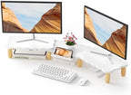 AFOOYO Dual Monitor Riser, Cookie-Shaped Adjustable Length & Swivel Angle, Wooden Desktop Organizer for 2 Monitors,Monitor Stand with Drawer for Laptop, PC, Computer, Printer,White by AFOOYO