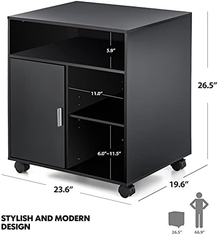 FITUEYES Mobile Wood Printer Stand with Cabinet & Adjustable Shelves, Black - Image 5