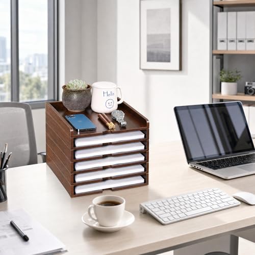 Solid Wood Letter Tray, 6-Tier Pull-Out Paper File & Desk Organizer, Walnut - Image 7
