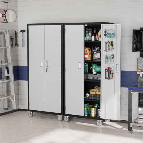 VINGLI 72'' Tall Garage Storage Cabinet, Metal Storage Cabinet with Wheels, Locking Doors and Adjustable Shelves (Black & Silver, 32''W x 16''D x 72''H) - Image 2