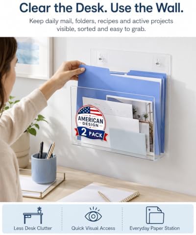 HAYVAN Acrylic Wall File Holder, No Drill Mount 2 Pack Clear - Image 2