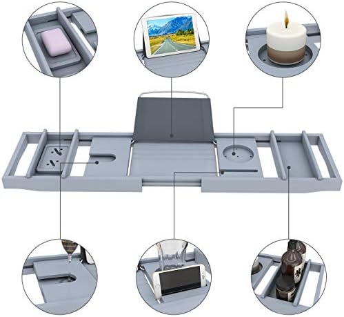 Domax Bathtub Caddy Tray Expandable Bamboo Tub Tray for Luxury Bath with Book Holder and Free Soap Dish (Gray, 29.4"-44.2"x 9.1"x1.65") - Image 4