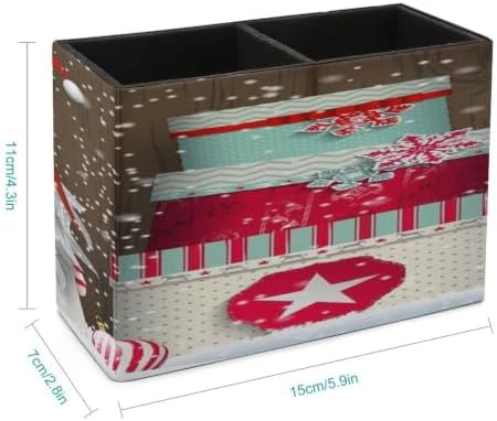 PU Leather Multi-Compartment Pen Holder Desktop Organizer Pencil Cup Storage Caddy for Office Home Supplies Winter Festival Christmas Elf Tomte Standing in Front of Wooden in Snow - Image 2