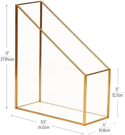 Mind Reader Vertical Glass File Holder with Copper Trim, Angled Magazine Organizer for Documents, Folders & Mail, Glass and Copper, Clear - Image 3