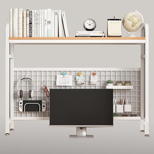 Desk Shelf Bookcase 1-Tier Metal Desktop Bookshelf Hutch with Grid Panel and DIY design possible Multipurpose Storage Organizer Display Rack for Dorm Office Home Computer Desk(White 45.3"×7.9"×38.6") by CDYYIQ