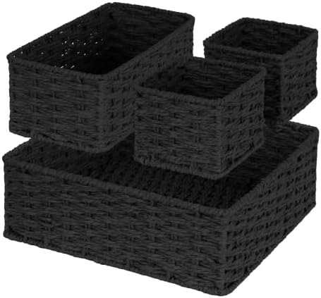 efluky 4 PCS Hand-Woven Drawer Organizer Baskets, Paper Rope Drawer Divider and Storage Trays Containers for Kitchen, Bathroom, Office, Desk, Black by efluky