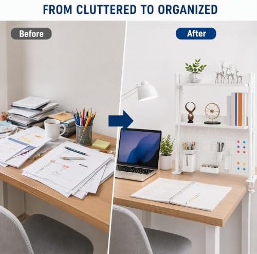 3-Tier Desk Organizer Shelf, Adjustable Pegboard Bookshelf, White - Image 7