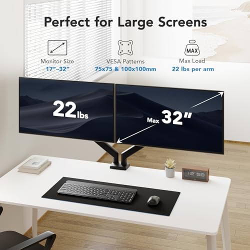 HUANUO Dual Monitor Mount for 2 Monitors up to 32 inches, Each Arm Holds Max 22lbs, Dual Monitor Stand with Advanced System, Height-Adjustable/Tilt/Swivel/Rotate, VESA Standard 75mm or 100mm - Image 2