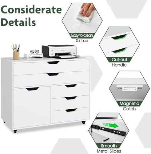 LOKO 5-Drawer Mobile File Cabinet, Wood Office Storage Cabinet (White) - Image 6
