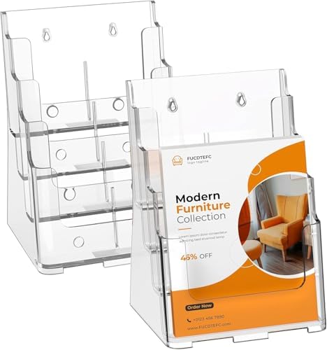 FUCDTEFC 2 Pack Acrylic Brochure Holder 8.5x11 & 4 x9 Inches, Clear 4 Tier Magazine Holder Brochure Display Stand w Removable Divider, Literature Pamphlet Flyer Holder for Wall Mount or Countertop by FUCDTEFC