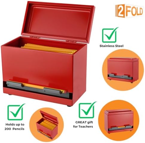 2Fold Pencil Dispenser for Classroom - Stainless Steel Bulk Pencil Holder for Desk - Includes Removable Label Stickers - Teacher Must Haves for Organization - Holds up to 200 Pencils (Red) - Image 3