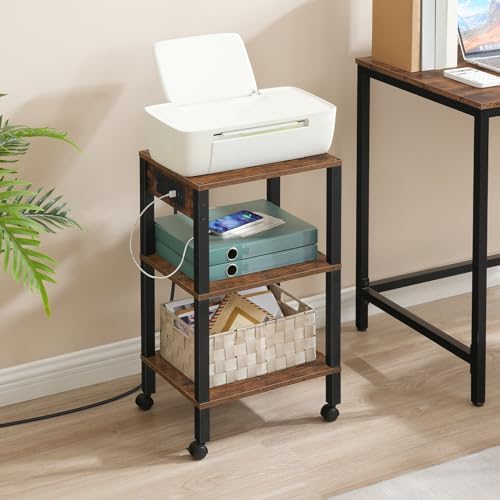 HOOBRO 3-Tier Printer Stand with Charging Station, Under Desk Printer Table, Printer Cart with Storage Shelves, Shelf for Small Spaces, for Home Office, Rustic Brown and Black BF63UPS01 - Image 5