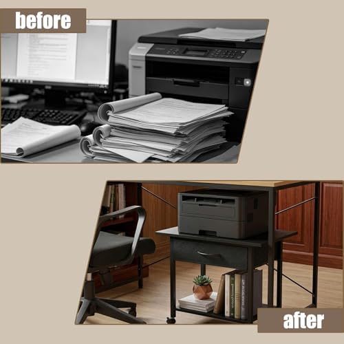 22" x 15" Under Desk Rolling Printer Stand, 2-Tier Industrial Mobile Printer Table with Strong Fabric Drawer, Storage Shelf, Steel Frame and Lockable Wheels, Printer Cart for Home Office (Black) - Image 4