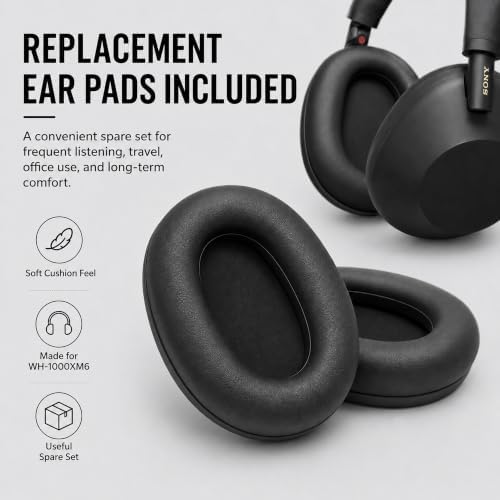 Sony WH1000XM6/B Best Wireless Noise Canceling Headphones, Black Bundle with Deco Essentials Headphones Ear Pads Replacement Headset Ear Cushions and Deco Gear Unofficial Master Guide - Image 3