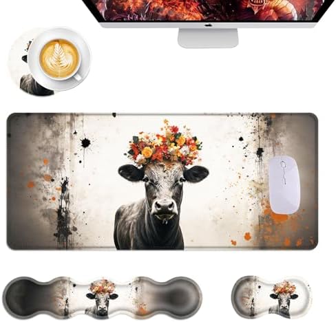 Mouse Pad,Large Desk Mat Set, 4in1 XL Mousepad + Keyboard Wrist Rest+Mouse Wrist Rest+Coaster with Ergonomic Desk Pad for Home Office Table Computer Cover -Floral Highland Cow by Unknown
