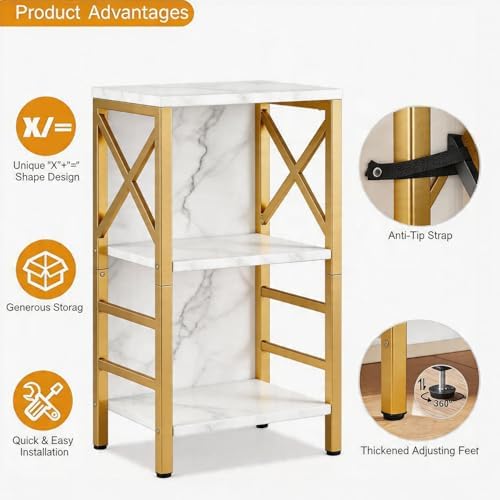 MNEETRUNG Small Bookshelf,3 Tier Industrial Bookcase with Metal Frame and Backboard,Low White and Gold Book Shelf,Book case for Small Spaces,Living Room,Bedroom and Home Office - Image 4