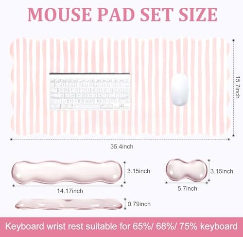 L-SPOUTTO Pink Striped Mouse Pad Set,Scalloped XXL Desk Mat + Ergonomic Mouse Wrist Rest + Gel Keyboard Wrist Rest for Keyboard 65%/75%,3in1 Large Desk Pad for Desktop Home Office Computer Game - Image 5