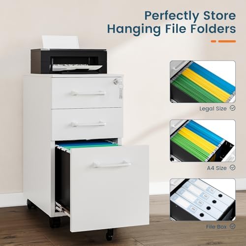 MIIIKO White Filing Cabinet 3 Drawers Under Desk, Metal File Cabinet with Lock for Home Office, Small Mobile File Cabinet for Letter Legal File Folders（Un-Assembled） - Image 6