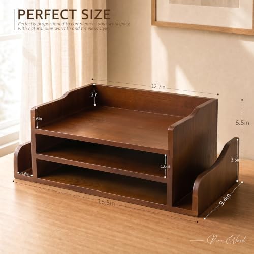 Wood Desk Organizer: File Organizer with 3-Tier Shelf and Side Slots, Brown - Image 2