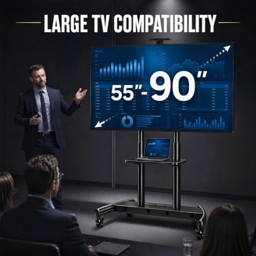 PERLESMITH Mobile TV Stand for 55-90 Inch Flat/Curved Screen TV Max VESA 800x500mm Outdoor TV Cart with Height Adjustable AV Shelf- UL Certificated Rolling Floor TV Stand Holds up to 200Lbs (PSTVMC07) - Image 2