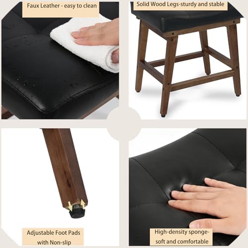 Vanity Stool with Wood Legs, Wooden Makeup Stool Chairs, Small Faux Leather Vanity Bench, Modern Square Makeup Bench Chair for Vanity, Living Room, Under Desk Foot Stool, Black - Image 4