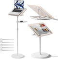2 in 1 Adjustable Book Stand - Dual-Use Floor and Desktop Book Holder Stand, Height Adjustable 23.5-52 in, Elastic Page Clips for Music Sheet, Recipe, Tablet, Laptop-White by Haweah