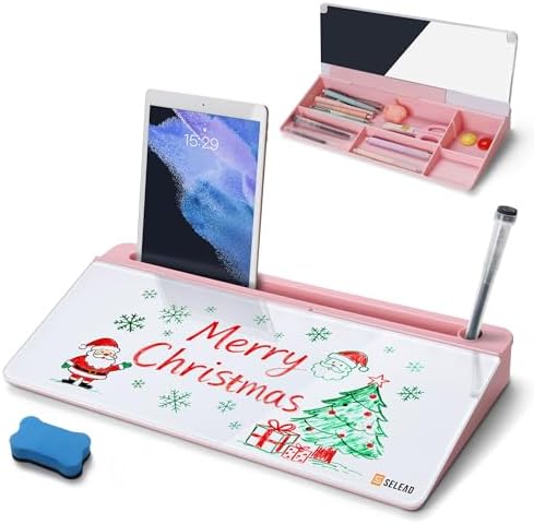 SELEAD Desktop Glass Whiteboard with Storage & Built-in Mirror, Pink by SELEAD