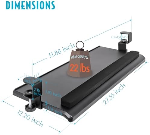 EHO Large Ergonomic C-Clamp Keyboard Tray Mount Under Desk with Wrist Rest, Slide-Out Platform 27.5" (31.8" Including Clamps) x 12.5", Pull Out Keyboard & Mouse Tray for Home or Office, Black - Image 2