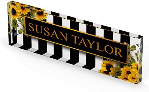 Artblox Office Personalized Name Plate for Desk with Business Card Holder On Clear Acrylic Glass Sunflower Flowers Design Custom Desk Name Plate with Your Name and Credentials Customized Gift - Image 5