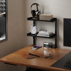 Clamp On Desk Shelf 2-Tier, 12.6 inche Wood Shelving Unit for Office Desk/Gaming Accessories, Tabletop Book Storage Rack, Shelf for Top & Under of Desk, Black - Image 2