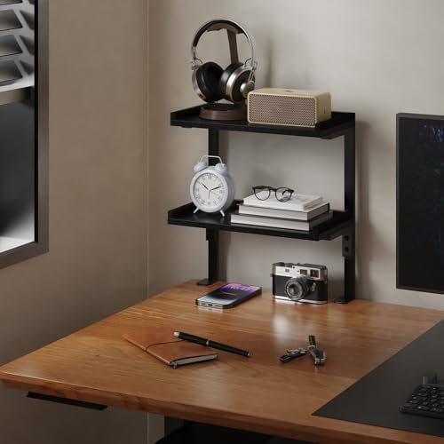 Clamp On Desk Shelf 2-Tier, 12.6 inche Wood Shelving Unit for Office Desk/Gaming Accessories, Tabletop Book Storage Rack, Shelf for Top & Under of Desk, Black - Image 2
