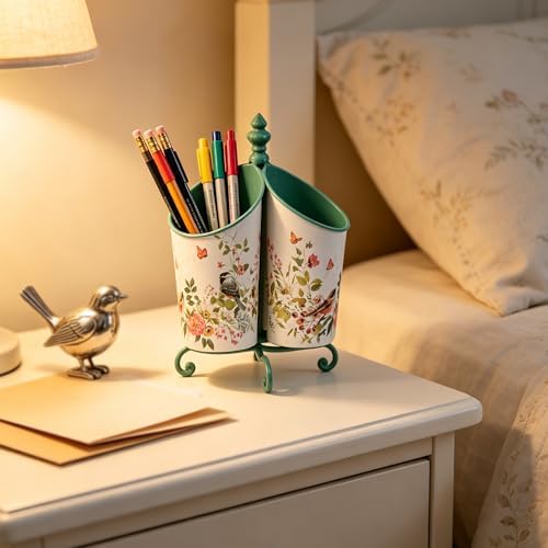 360° Rotating Metal Pen Holder for Desk, Cute Floral Bird Desktop Organizer with Dome Roof, Pencil Cup & Remote Control Holder for Home Office (Green) - Image 5