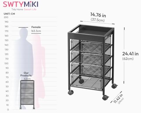 SWTYMIKI Rolling Cart with Drawers - Under Desk Storage Cart with Wheels, 4 Metal Drawers, Wood Top, Utility File Cart for Office Organization, Art, Craft, Classroom, Kitchen, Bedroom Black - Image 3