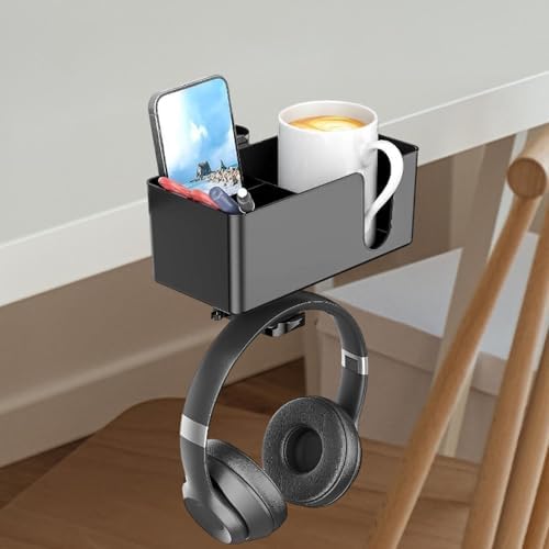 4 in 1 Desk Cup Holder Phone Pen Storage Box Hook Desktop Organizer for Headphones and Mugs, Black - Image 4