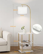 PARTPHONER Floor Lamp with Table, Night Stand with Lamp, Narrow Side Table with 3CCT LED Bulb, Small Coffee Table, Modern End Table with Storage Shelves for Living Room, Marble White and Gold Poles - Image 4