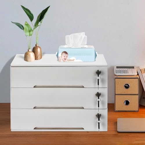 Wooden Desk Organizer with Lockable Drawers, 3-Tier Countertop Storage Cabinet File Cabinet Jewelry Organizer Home Office Supplies Organization Unit (White-3 Lock) - Image 4