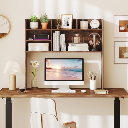 LDAILY 3-Tier Desktop Bookshelf, Wooden Desk Hutch for Computer Monitor Up to 32 Inch, Desk Organizer Shelf with Adjustable Shelf & 6 Storage Shelves, Desk Display Rack for Office Dorm (Rustic Brown) by LDAILY