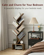 6 Tier Tree Book shelf - Small Bookcase and Small Bookshelf for Small Spaces, 15.0-Inch Wide Rustic Standing Organizer with Six Divided Book Tiers for Living Room, Bedroom or Home Office, Rustic Brown - Image 6